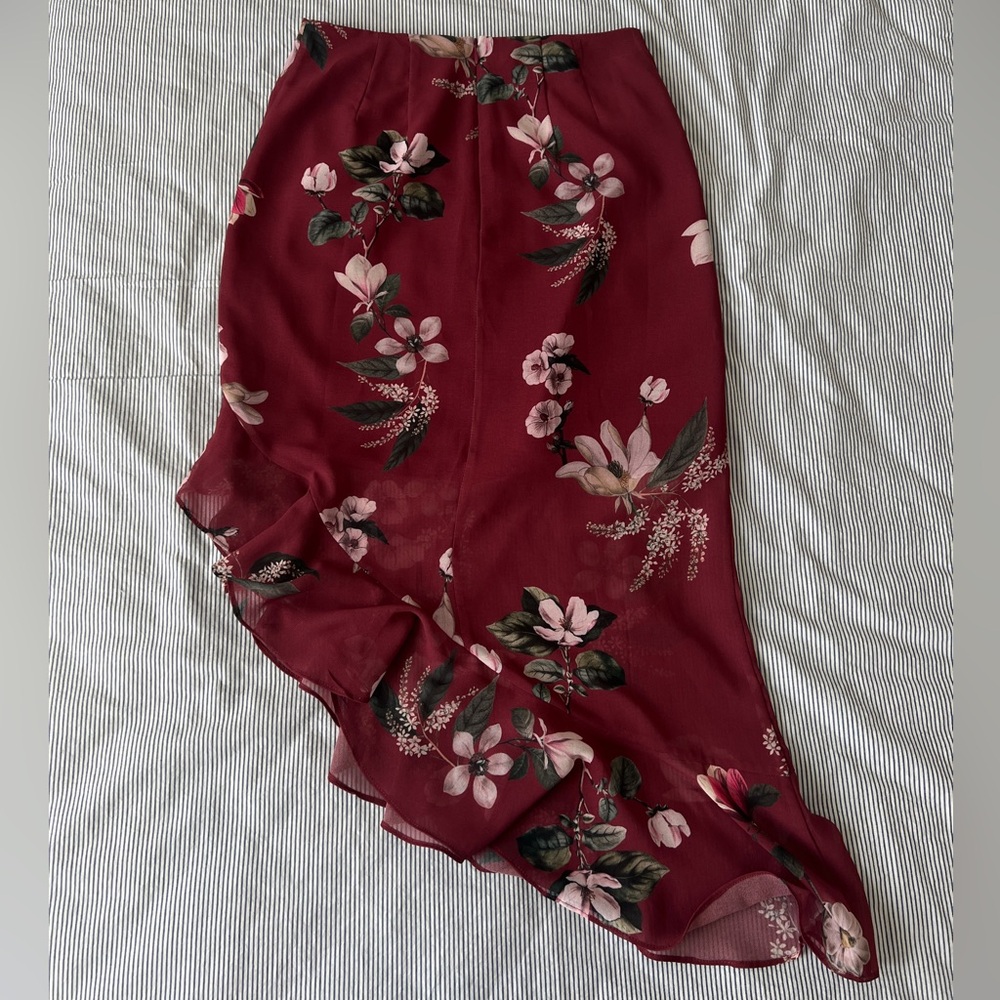 Revolve x Keepsake burgundy asymmetrical ruffle midi skirt